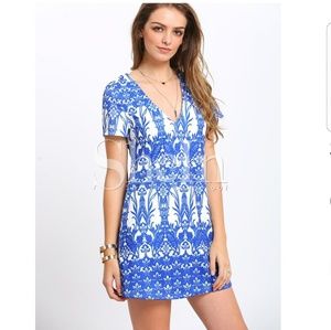 NWOT Short Sleeve Vintage Print Blue Dress